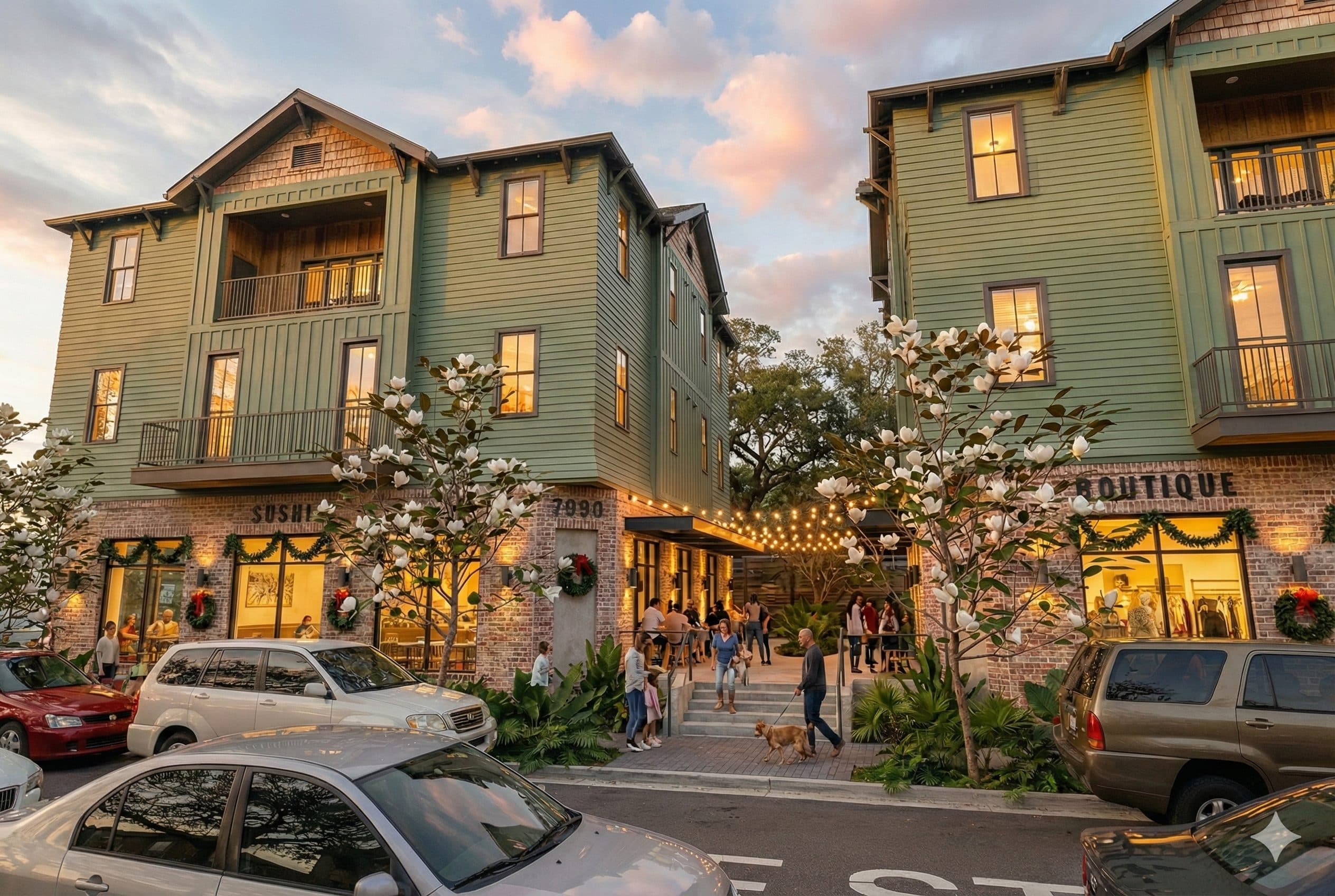 Rendering of the Maple Street Plaza courtyard entrance with string lights between the two buildings