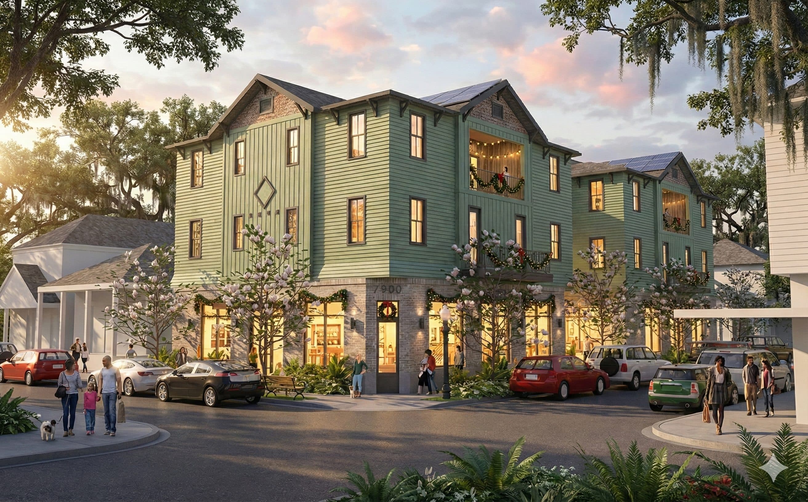 Maple Street Plaza — rendering of the corner of the development at 7900 Maple Street